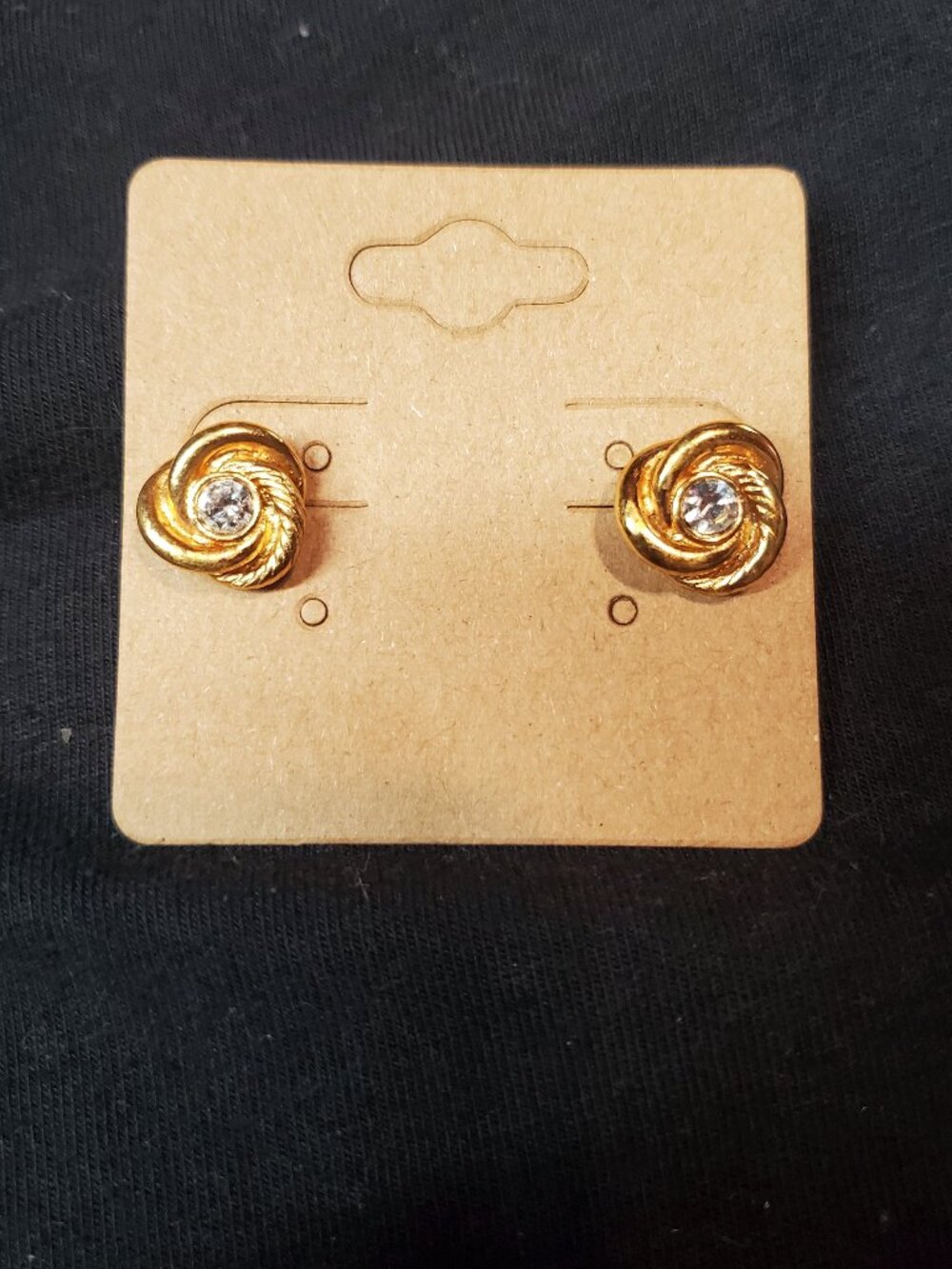 Vintage Avon Gold Tone Center Rhinestone Love Knot Stud Earrings